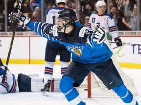 Kaapo Kakko of Finland celebrates after scoring what proved to be the game winning goal against the United States in Gold Medal hockey action of the 2019 IIHF World Junior Championship on January, 5, 2019 at Rogers Arena in Vancouver.