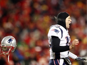 Star quarterback Tom Brady of the New England Patriots celebrates after defeating the Kansas City Chiefs in overtime during the AFC Championship Game at Arrowhead Stadium on Jan. 20. He'll be one of the keys to Super Bowl 53