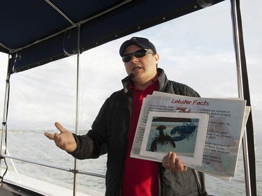 Mark Jenkins gives some fascinating facts and information about the lobster during a Top Notch Lobster Tour's lobster fishing excursion.