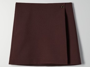 Babaton ‘Wayne’ wrap mini skirt, $88 at Aritzia, aritzia.com.
