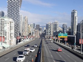 An image of Granville Bridge. The City of Vancouver has released a matching conceptual visualization to showcase what might be possible with a Granville Bridge centre pathway raised above traffic.