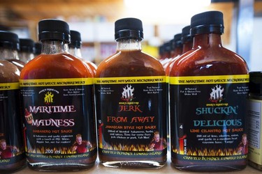 A selection of seafood sauces inside the shop of Carr's Shellfish at Stanley Bridge.