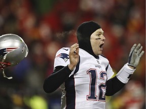 New England Patriots quarterback Tom Brady celebrates after defeating the Kansas City Chiefs in the AFC Championship NFL football game, Sunday, Jan. 20, 2019, in Kansas City, Mo.