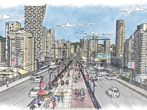 A conceptual visualization to showcase what might be possible with a Granville Bridge centre pathway raised above traffic.
