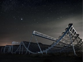 OKANAGAN VALLEY, B.C.: UNDATED – CHIME is the Canadian Hydrogen Intensity Mapping Experiment, a large radio telescope designed and built by a team of Canadian scientists, including several from the University of B.C. The telescope processes radio signals recorded by thousands of atennas with a large signal processing system and is the largest of any on earth. [PNG Merlin Archive]