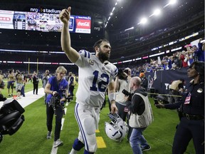 Indianapolis Colts quarterback Andrew Luck runs off the field following the team's win over the Houston Texans in an NFL wild card playoff football game, Saturday, Jan. 5, 2019, in Houston.