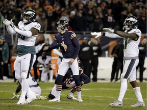 Chicago Bears kicker Cody Parkey can only watch as he misses a field goal in the final minute of their NFL wild-card playoff game against the Philadelphia Eagles at Soldier Field in Chicago on Sunday. The Eagles won 16-15.