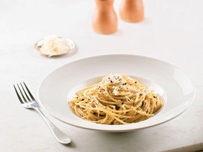 Just four ingredients – butter, peppercorns, pasta and Pecorino cheese – go into Spaghettoni Cacio E Pepe, so be sure to use the best quality you can find.