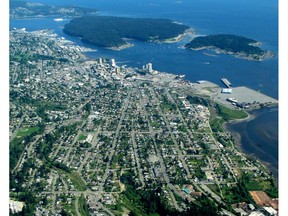 Aerial image of downtown Nanaimo B.C. with Newscastle Island and Protection Island.