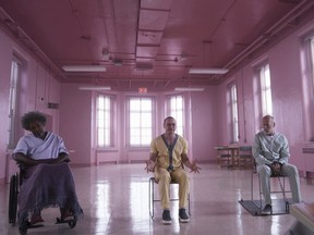 Samuel L. Jackson, from left, James McAvoy and Bruce Willis in a scene from M. Night Shyamalan's Glass. Jessica Kourkounis/Universal Pictures via AP