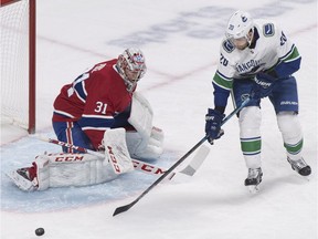 Vancouver Canucks' Brandon Sutter moves in on Montreal Canadiens goaltender Carey Price during second period NHL hockey action in Montreal, Thursday, Jan. 3, 2019. Price will not participate in the league’s 2019 all-star weekend, slated for Jan. 25-26 in San Jose, Calif.