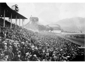 Crowd at Hastings Park grandstand watching a horse race, 1940. Vancouver Archives AM281-S8-: CVA 180-0910.