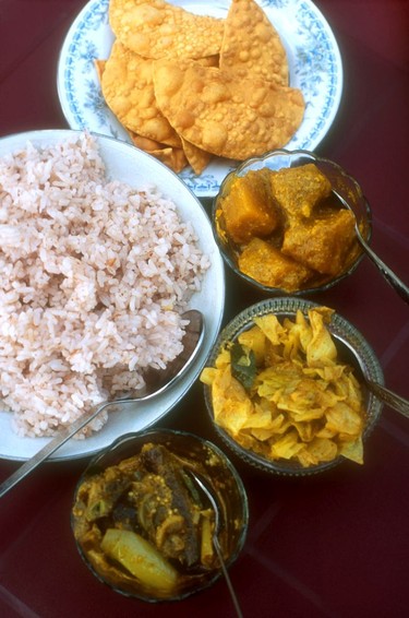 Typical Sri Lankan meal, colourful and spicy.