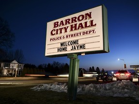 The sign outside Barron, Wis., City Hall, Friday, Jan. 11, 2019, welcomes Jayme Closs, a 13-year-old northwestern Wisconsin girl who went missing in October after her parents were killed.