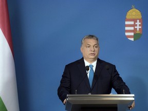 Hungarian Prime Minister Viktor Orban speaks during an international press conference in the Cabinet Office of the Prime Minister in Budapest, Hungary, Thursday, Jan. 10, 2019.