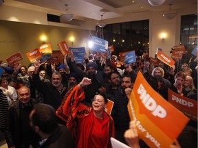 Supporters celebrate candidate Shiela Malcolmson after winning the byelection in Nanaimo, B.C., on Wednesday, January 30, 2019.