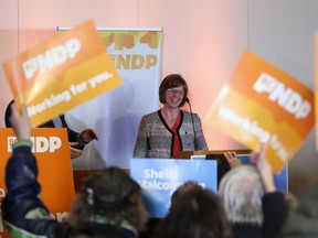 NDP candidate Shiela Malcolmson thanks supporters after winning the byelection in Nanaimo, B.C., on Wednesday, January 30, 2019. The New Democrats won a key provincial byelection in British Columbia on Wednesday that allows Premier John Horgan's minority government to maintain its grip on power.