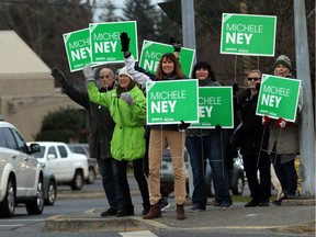 Green party candidate Michele Ney (centre) received about 7.4 per cent of the vote in Wednesday's byelection in Nanaimo.