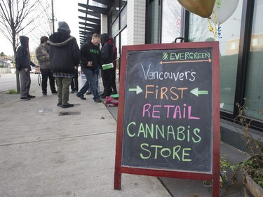 Vancouver, BC's first licensed pot shop, Evergreen Cannabis Society on W. 4th Avenue, officially opens its doors to paying customer Saturday, January 5, 2019.