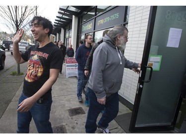 Vancouver, BC's first licensed pot shop, Evergreen Cannabis Society on W. 4th Avenue, officially opens its doors to paying customer Saturday, January 5, 2019. Pictured is co-owner Mike Babins with the first customers.