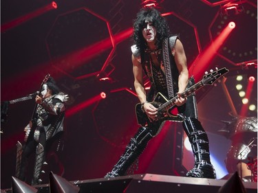 Paul Stanley (centre) and Gene Simmons of KISS performs during the first show of the The Final Tour Ever - Kiss End Of The Road World Tour in Vancouver, BC, January, 31, 2019.