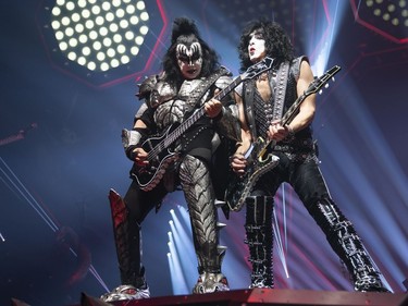 Paul Stanley (right) and Gene Simmons of KISS performs during the first show of the The Final Tour Ever - Kiss End Of The Road World Tour in Vancouver, BC, January, 31, 2019.