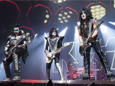 (From left) Gene Simmons, Tommy Thayer and Paul Stanley of KISS perform during the first show of the The Final Tour Ever - Kiss End Of The Road World Tour in Vancouver, BC, January, 31, 2019.