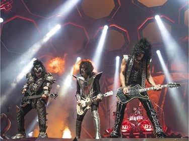 (From left) Gene Simmons, Tommy Thayer and Paul Stanley of KISS perform during the first show of the The Final Tour Ever - Kiss End Of The Road World Tour in Vancouver, BC, January, 31, 2019.