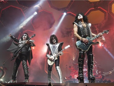 (From left) Gene Simmons, Tommy Thayer and Paul Stanley of KISS perform during the first show of the The Final Tour Ever - Kiss End Of The Road World Tour in Vancouver, BC, January, 31, 2019.