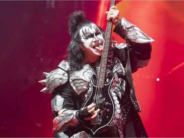 Gene Simmons of KISS licks his guitar during the first show of the The Final Tour Ever - Kiss End Of The Road World Tour in Vancouver, BC, January, 31, 2019.