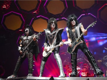 (From left) Gene Simmons, Tommy Thayer and Paul Stanley of KISS perform during the first show of the The Final Tour Ever - Kiss End Of The Road World Tour in Vancouver, BC, January, 31, 2019.