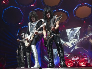 (From left) Gene Simmons, Tommy Thayer and Paul Stanley of KISS perform during the first show of the The Final Tour Ever - Kiss End Of The Road World Tour in Vancouver, BC, January, 31, 2019.