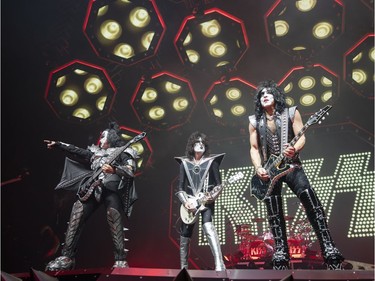 (From left) Gene Simmons, Tommy Thayer and Paul Stanley of KISS perform during the first show of the The Final Tour Ever - Kiss End Of The Road World Tour in Vancouver, BC, January, 31, 2019.