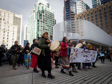 Drummers lead hundreds of people through downtown during the third annual Women's March in Vancouver, on Saturday January 19, 2019.