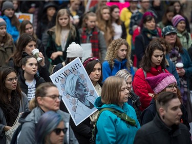 People listen to speeches during the third annual Women's March in Vancouver, on Saturday January 19, 2019.