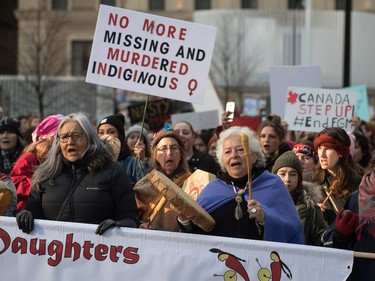 Drummers lead hundreds of people through downtown during the third annual Women's March in Vancouver, on Saturday January 19, 2019.