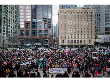 Hundreds of people gather to listen to speeches before participating in the third annual Women's March in Vancouver, on Saturday January 19, 2019.