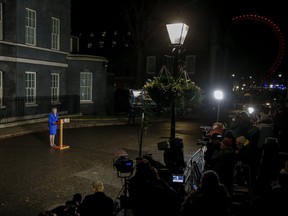 Theresa May, U.K. prime minister, delivers a speech, after winning a confidence vote in Parliament, outside Number 10 Downing St. in London.