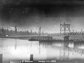 The first Granville Street Bridge, circa December 1888, just before it opened Jan. 4, 1889. This was taken from a glass-plate negative.