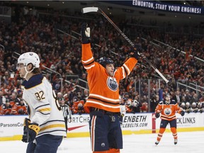 Edmonton Oilers winger Milan Lucic celebrates after scoring his first of two goals on the night Monday against the visiting Buffalo Sabres.