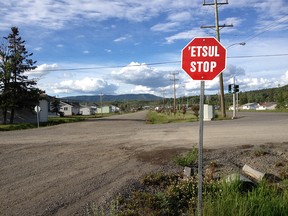 Mary Gouchie was dedicated to developing teaching materials to support a new generation of Carrier speakers and her contribution was priceless.  One of many stop signs also written in Carrier language on the main reserve of the Nakazdli First Nation located adjacent to Fort St. James on Stuart Lake.