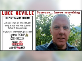 Mark Neville, brother of missing person Luke Neville travelled to Spences Bridge, BC on Tuesday to build and erect two billboards along Hwy, seeking help in locating his missing brother.