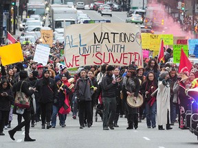 An Indigenous-led march in downtown Vancouver in support of the Wet'suwet'en, who have set up of a checkpoint and camp in opposition to the TransCanada Coastal GasLink pipeline on Jan. 8, 2019.