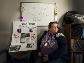 Phyllis Starblanket with poster dedicated to the life of her grand daughter Aleka in Mission, Jan. 21, 2019.