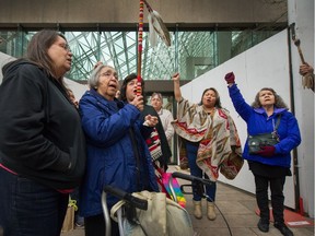 Madeline Lanaro, mother of Monica Jack, along with friends and family, speak outside BC Supreme court in Vancouver, BC, Jan. 27, 2019.