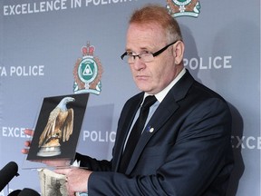 Ron Shore, owner of a stolen statue, announces a $10,000 reward for its safe return, in Delta, BC., June 9, 2016. On Sunday, May 29 2016 at approximately 10 p.m. the Delta Police Department responded to a report of a robbery that occurred on the street in the 4700 block of 57th Street in Ladner.