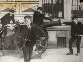 The Beatmen, left to right: Marian Bednar, Peter Petro (saluting), Miro Bedrik and Dezo Ursiny. The quartet were a sensation between 1964 and 1966 in their native Czechoslovakia with their Beatles-like sound. (Photo, courtesy of Peter Petro)