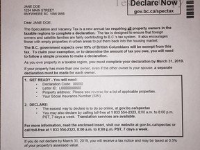 A sample of the exemption letter government will begin mailing out this week to 1.6 million British Columbians requesting they opt-out of the new speculation tax.
