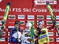 Winner Fanny Smith of Switzerland, centre, second placed Brittany Phelkan of Canada, left, and third placed Kelsey Serwa of Kelowna at the podium after women's final FIS Freestyle Ski Cross World Cup event in Idre Fjall, Sweden, Sunday Jan. 20. 2019.