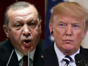 This combination of file pictures created on August 11, 2018 shows Turkish President Recep Tayyip Erdogan (L) deliverling a speech during an AK party's group meeting at the AK Party's headquarters in Ankara, on January 26, 2018; and US President Donald Trump (R) during a joint press conference with Italian Prime Minister Giuseppe Conte in the East Room of the White House in Washington, DC, July 30, 2018.